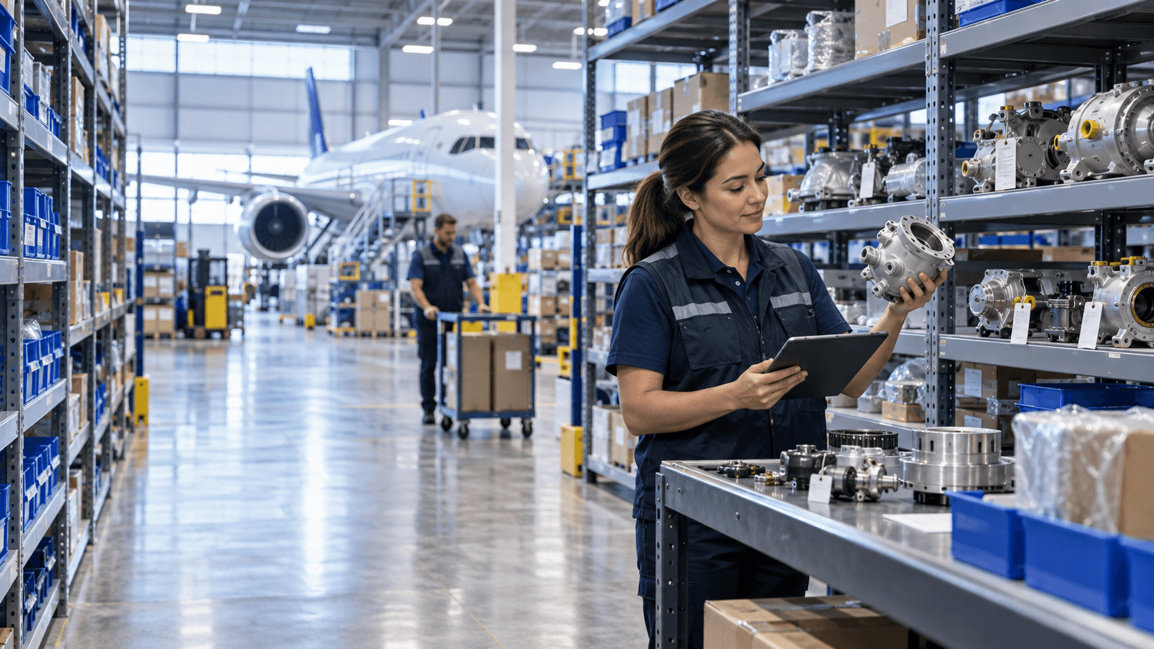 Aviation parts specialist reviewing an aircraft component in a well-stocked distribution warehouse