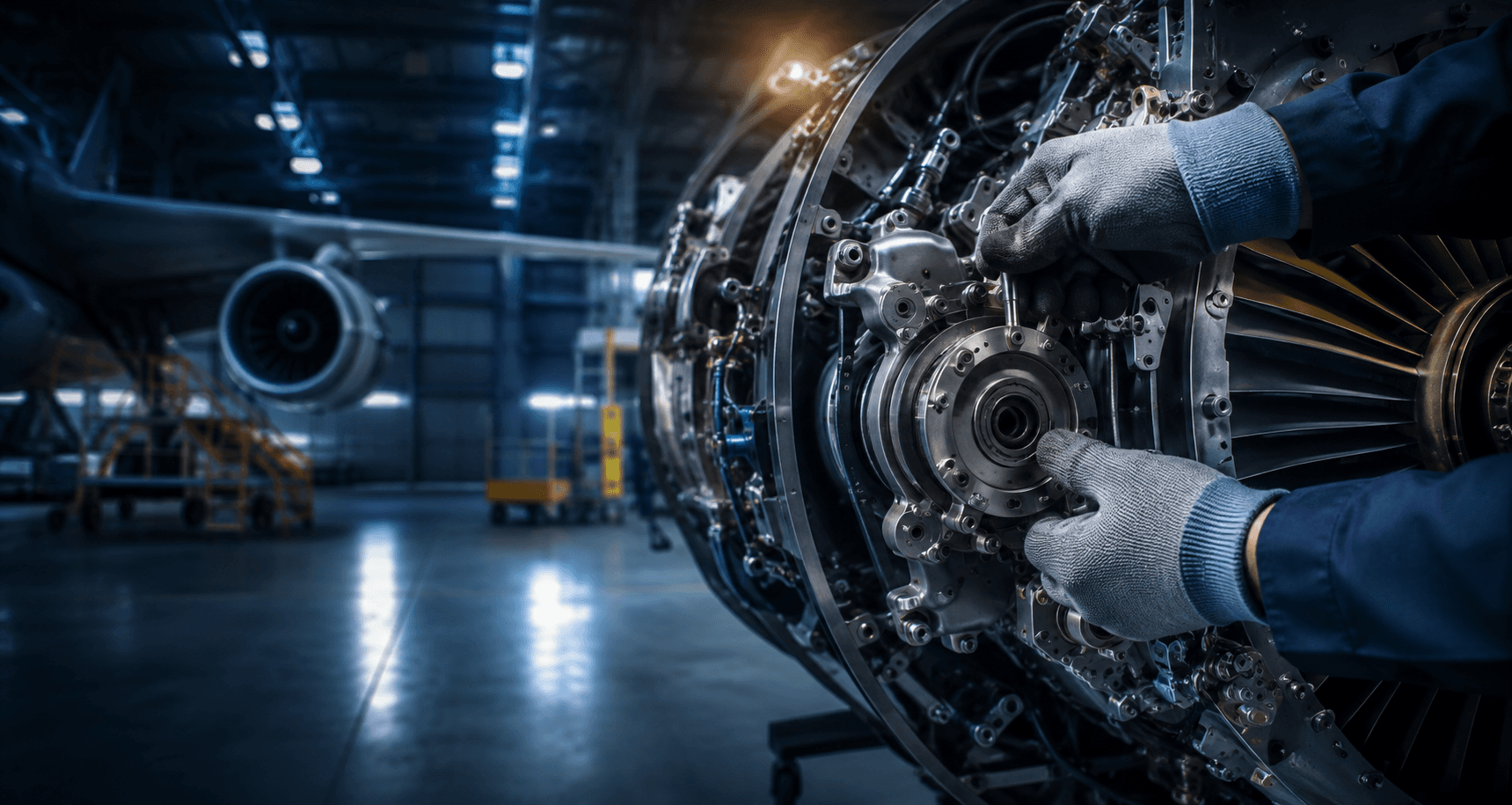 Aviation technicians servicing an aircraft engine in a hangar